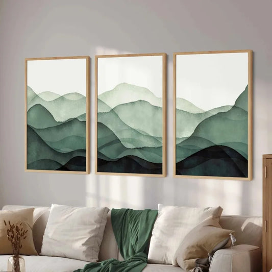 Serene Green Mountain Abstract Canvas Art - 3 Piece Set