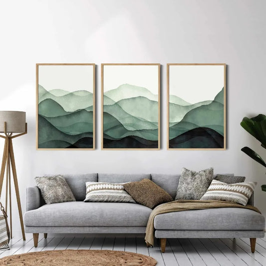 Serene Green Mountain Abstract Canvas Art - 3 Piece Set