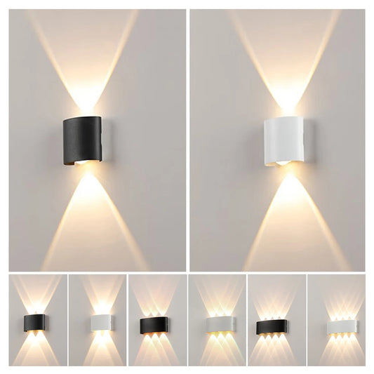 Modern black LED wall lamp with clean lines, soft up-down lighting, and waterproof design for indoor or outdoor use.